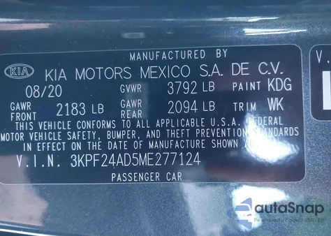2021 Kia Forte Lxs z USA, uszkodzony, nr VIN 3KPF24AD5ME277124